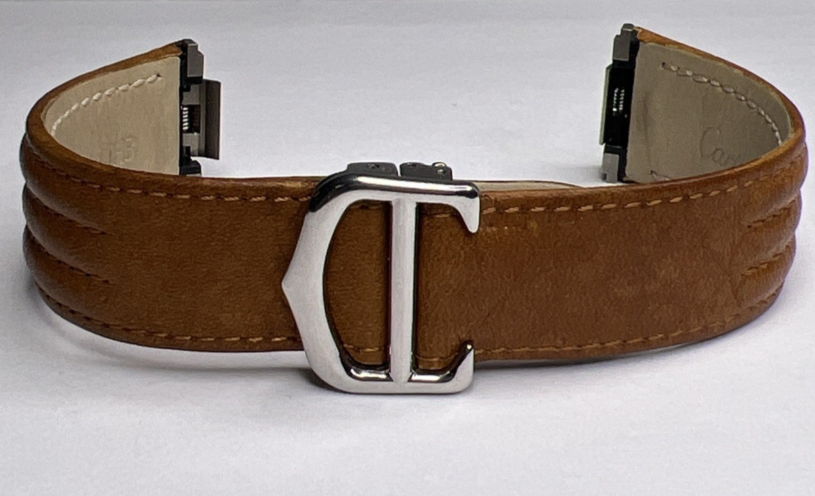 19mm Cartier Tan Ridged Leather Strap Band & 17mm Steel Foldover Deployant Clasp