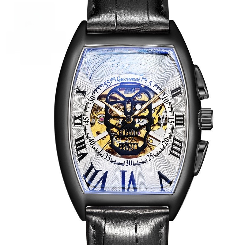 Automatic Skeleton Skull Watch Men’s Mechanical Barrel Case Leather Strap