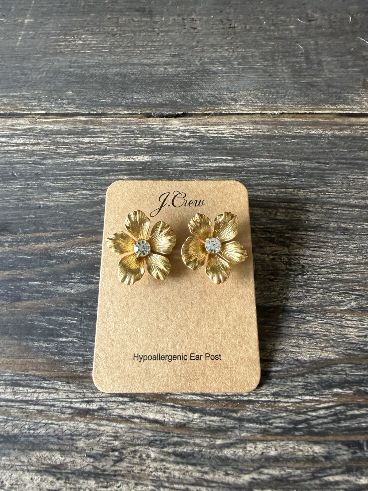 J.Crew Gold Tone Flower Stud Earrings Clear Crystal Center Hypoallergenic EG7360