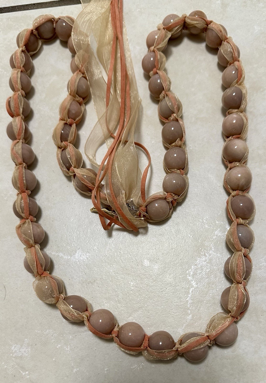 Simon Alcantara Wrapped Pink Quartz Bead Strand Statement Necklace Ribbon Suede