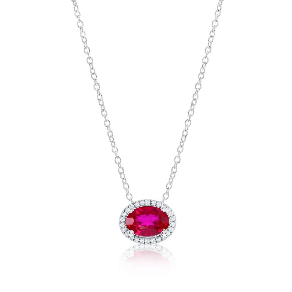 Sterling Silver Oval Lab-Grown 0.76ct Ruby & 0.05ct Necklace Rhodium Plated