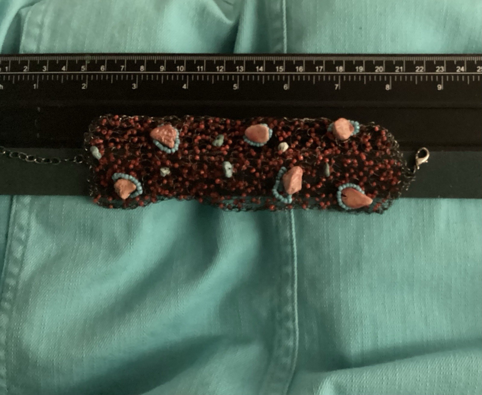 Handmade Knitted Wire, Bead, and Stone Bracelet Red and Aqua – One Of A Kind