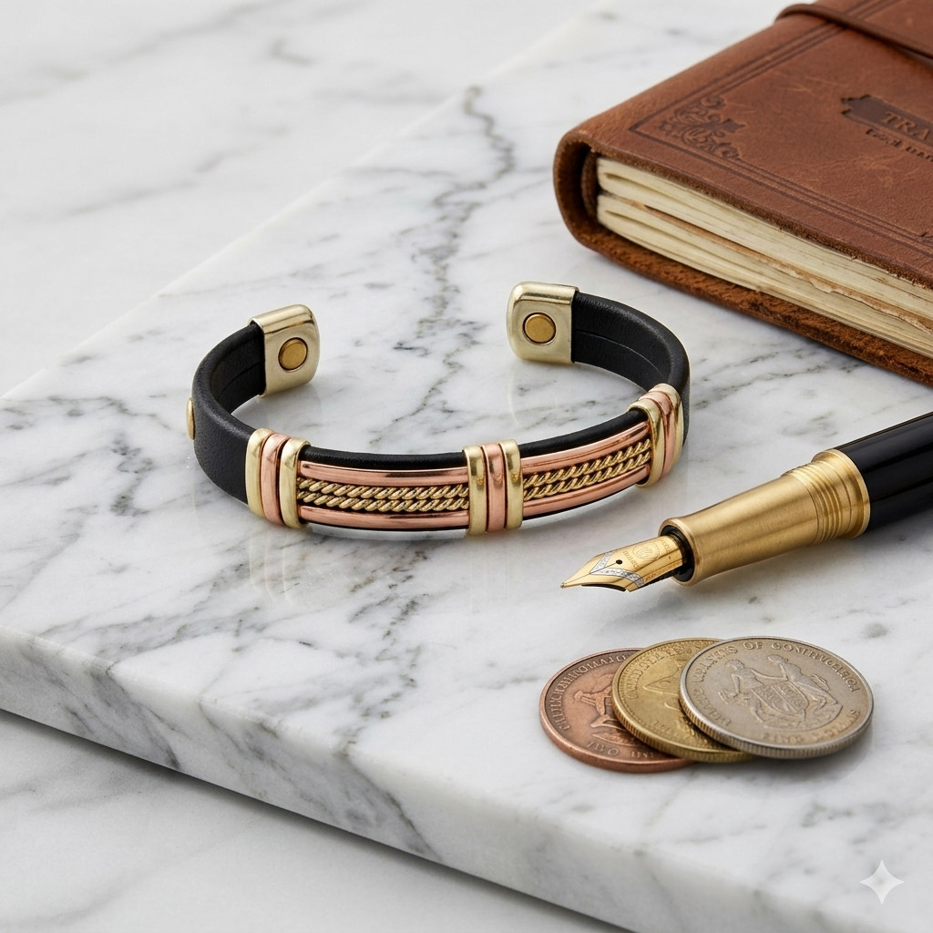 Solid Copper Leather Wrapped Magnetic Bracelet Arthritis Pain Therapy Cuff II