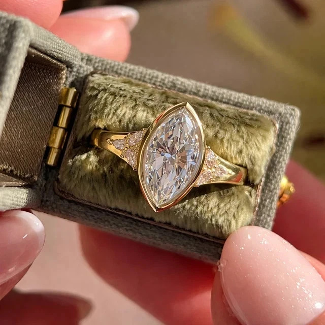 2.5CT Marquise Cut DVVS1 Moissanite Bezel Engagement Ring 14K Yellow Gold Plated