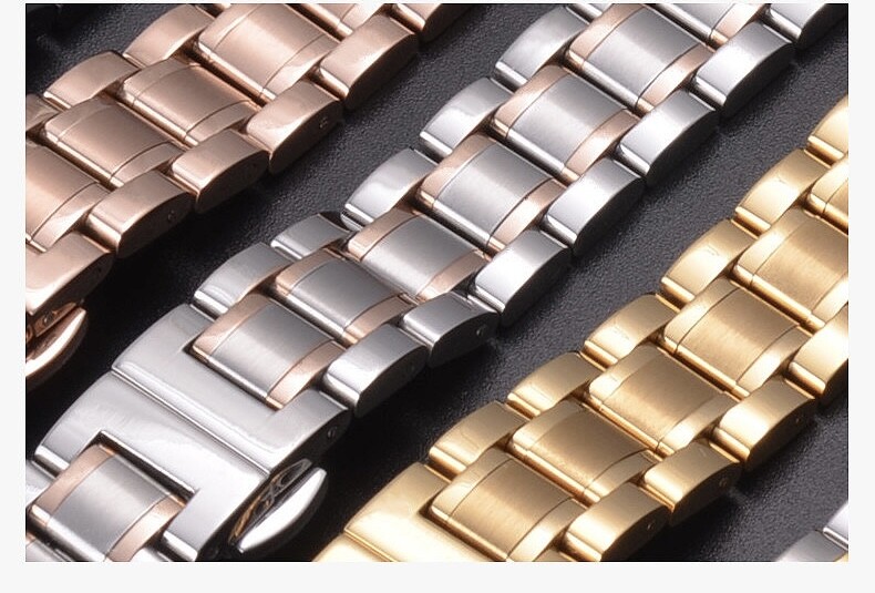 Solid Stainless Steel Watch Band Butterfly Clasp Bracelet Strap w/ Curved Ends