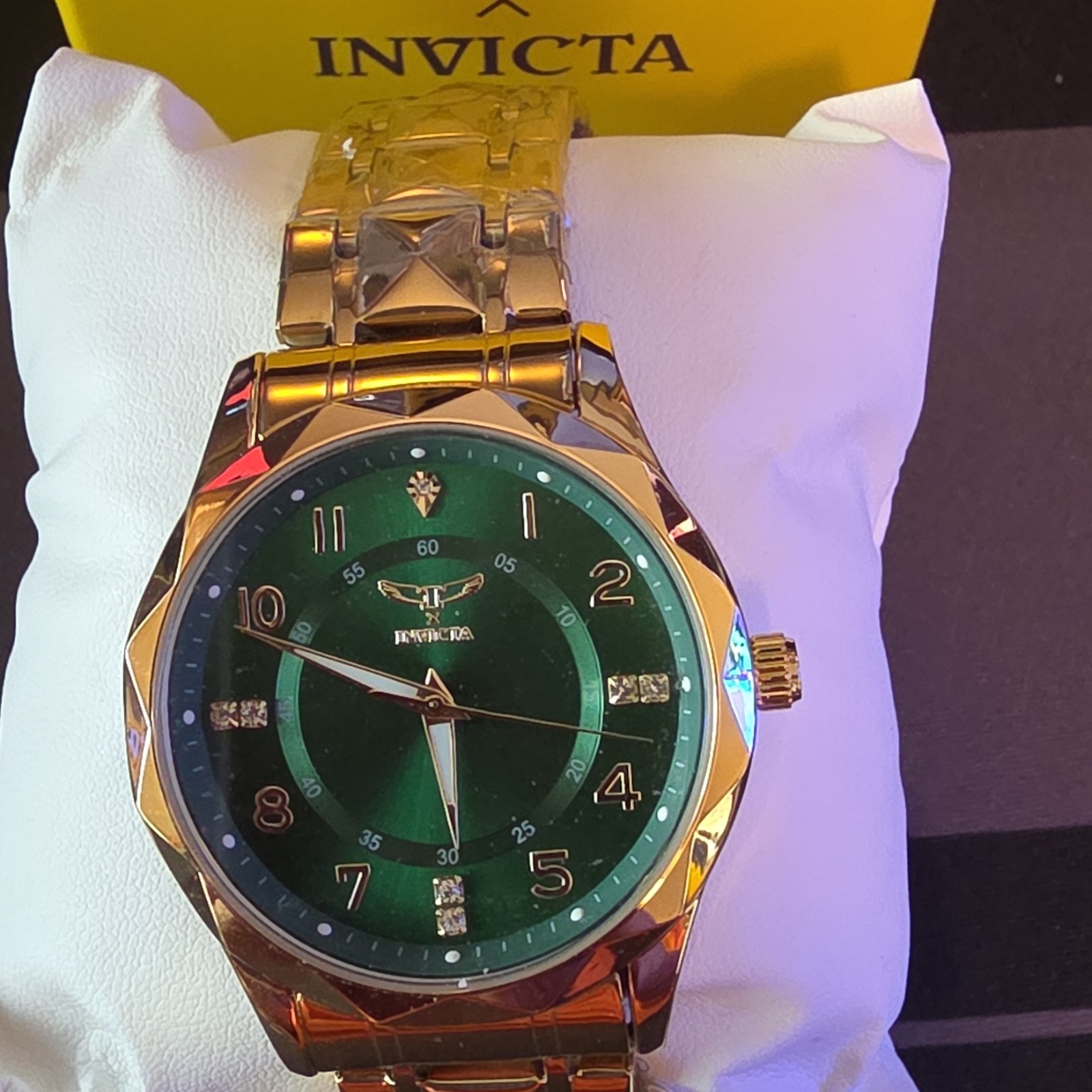 Invicta Men’s Quartz Watch Green Dial Gold SS Bracelet With Box