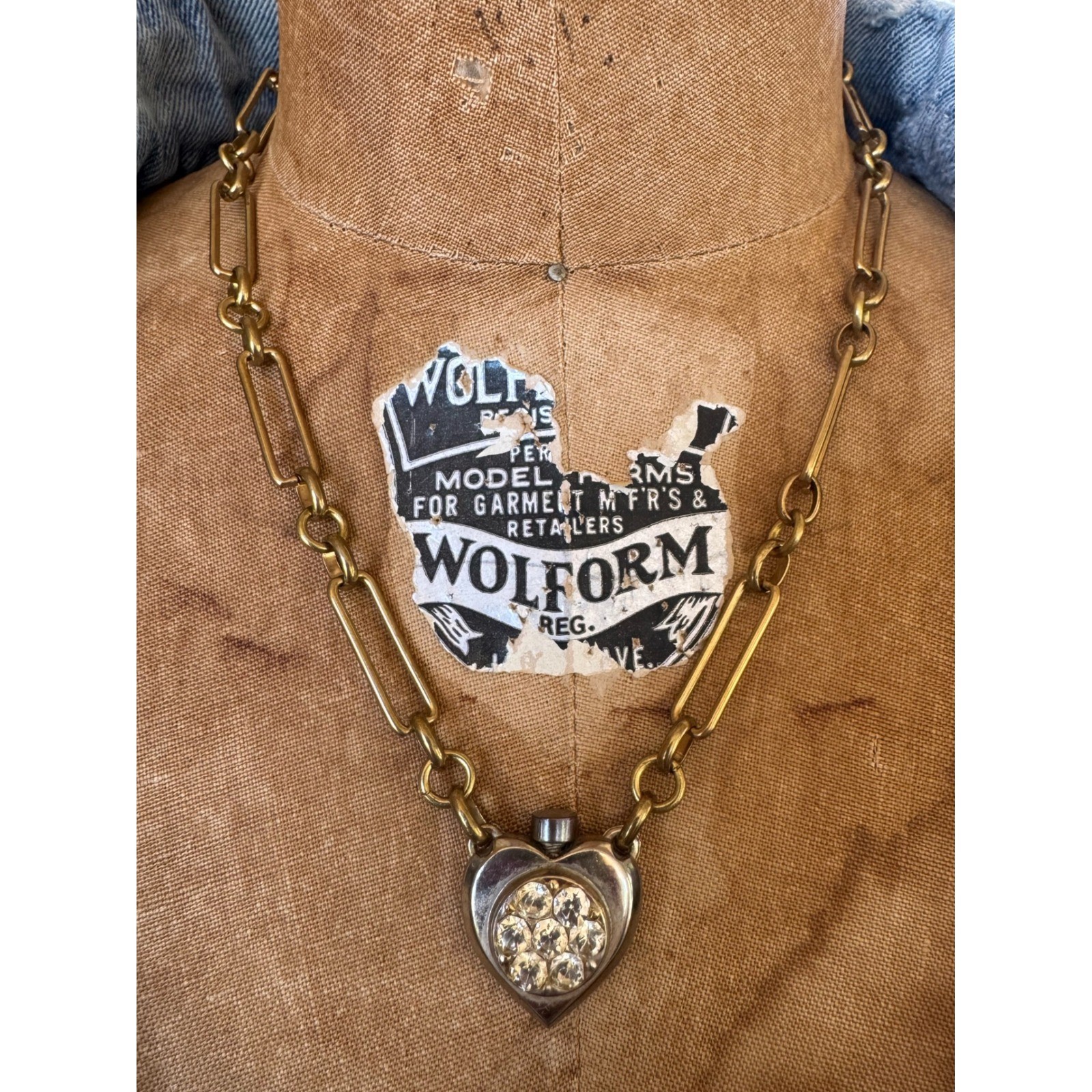 Title: Antique Heart Perfume Bottle Necklace Brass Paperclip Chain Rhinestone