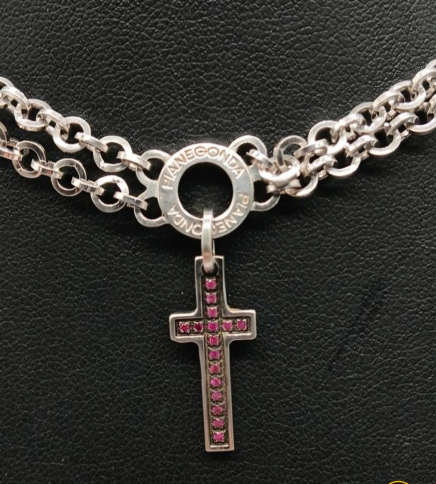 PIANEGONDA 925 Pave Pink Ruby Cross Pendant Necklace