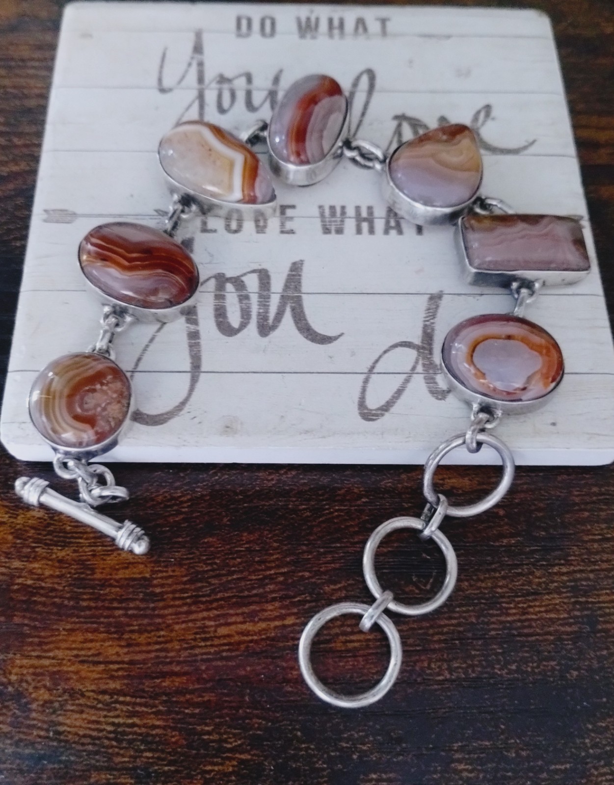 Natural SJ Red Banded Agate Stone Sterling Silver Sajen Toggle Bracelet 7-9in