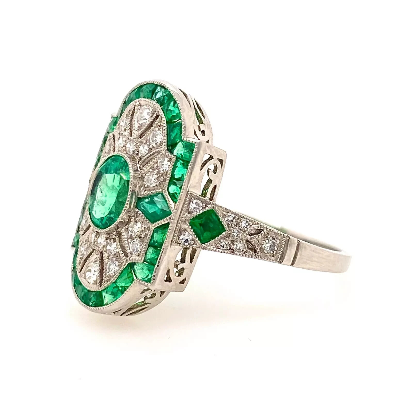 Art Deco Vintage Style Oval Emerald Milgrain Engagement 14K White Gold FN Ring