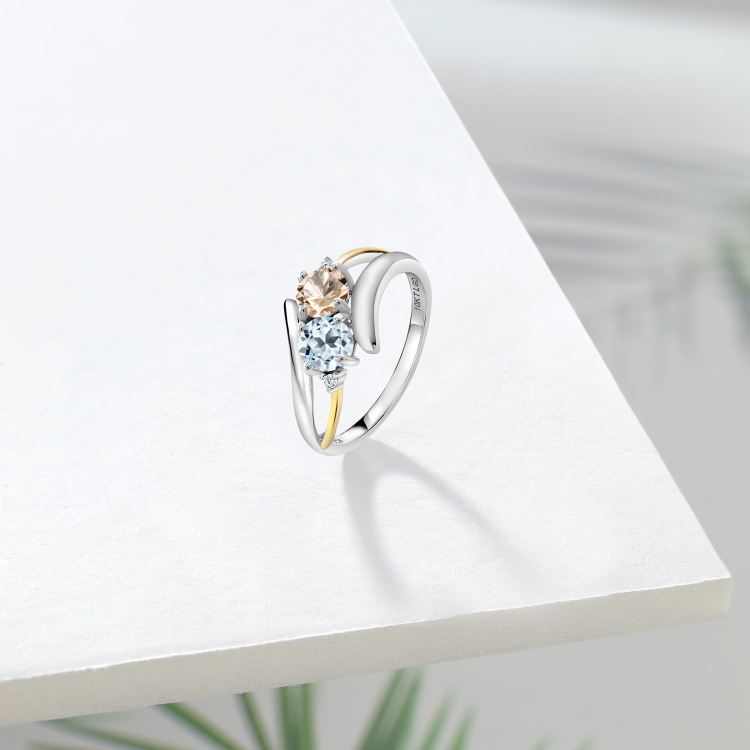 925 Silver and 10K Yellow Gold Peach Morganite Sky Blue Topaz and White Lab