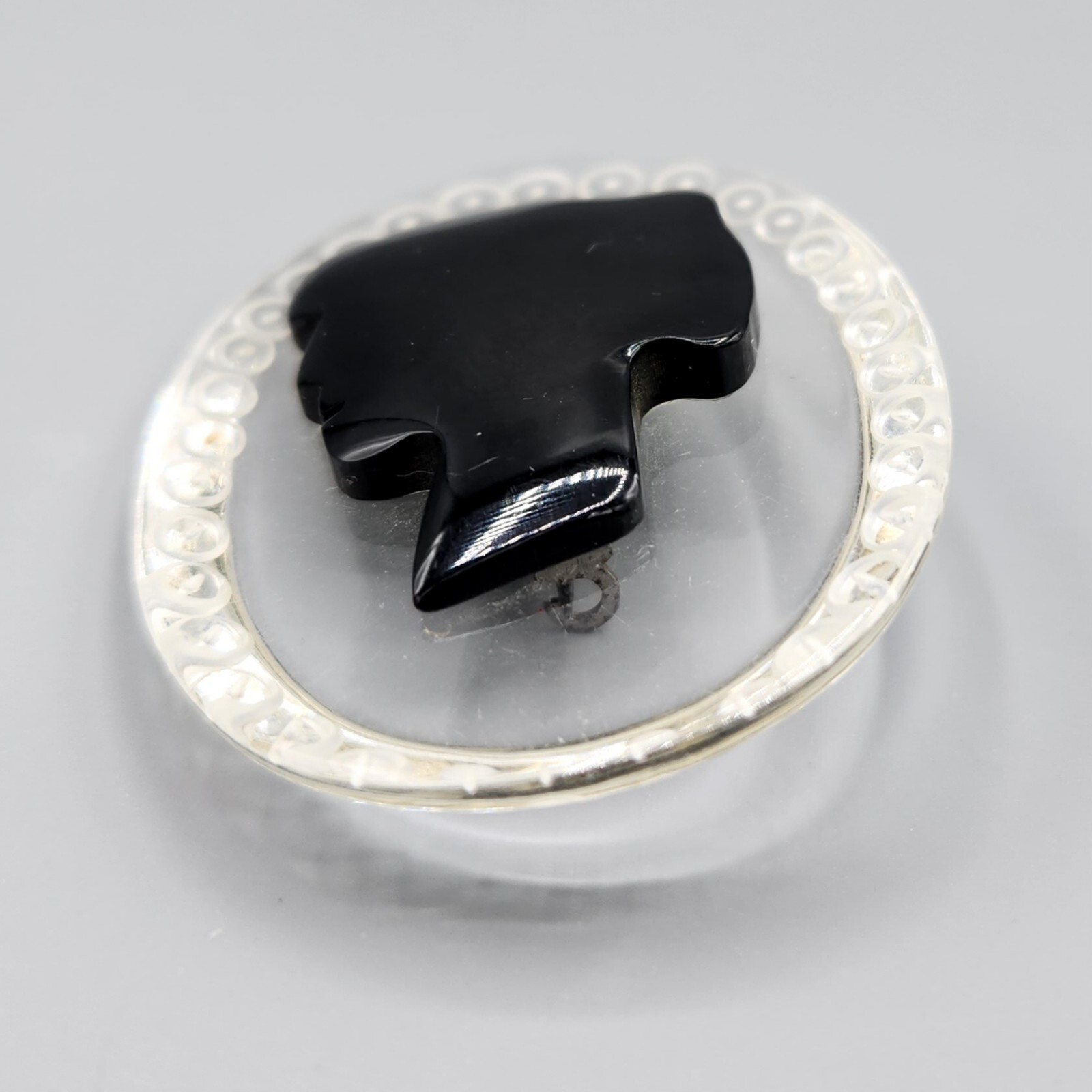 Vintage Unsigned Clear Black Lucite Cameo Oval Brooch Pin