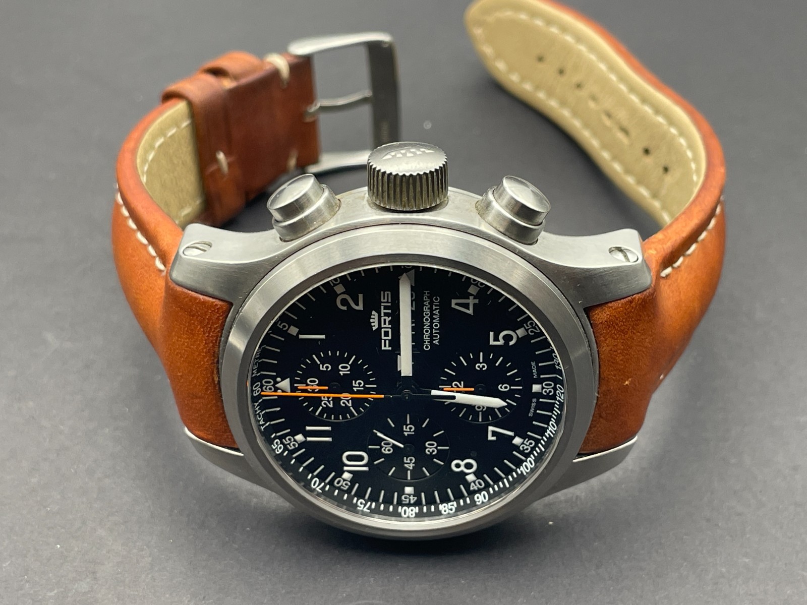 Fortis Pilot B42 Valjoux 7750 Chronograph Watch Black Dial Brown Strap $2895