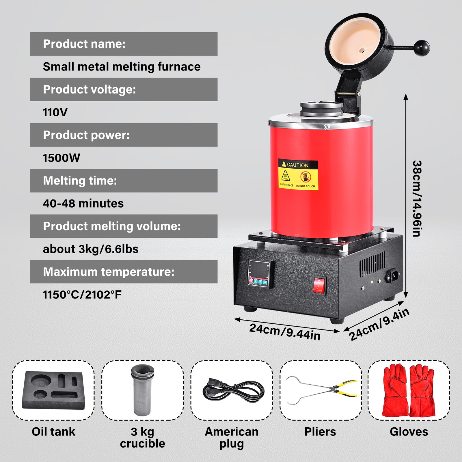 New Gold Melting Furnace — 1500W 2102℉ Digital Electric Melting Furnace Red