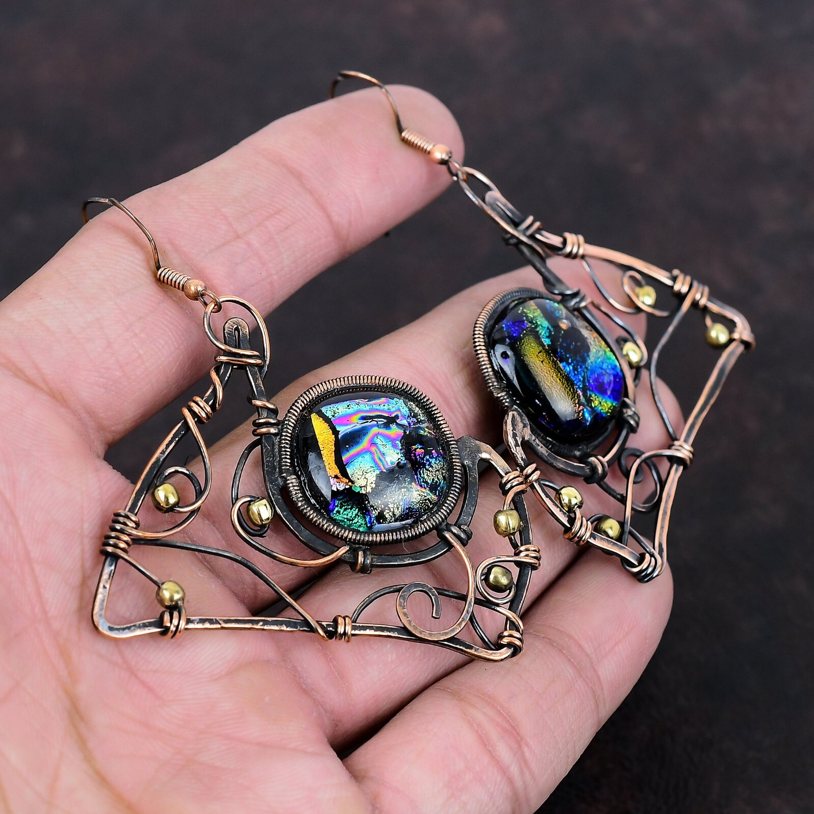 Gift For Her American Dichroic Glass Wire Wrapped Earrings Copper 2.56″