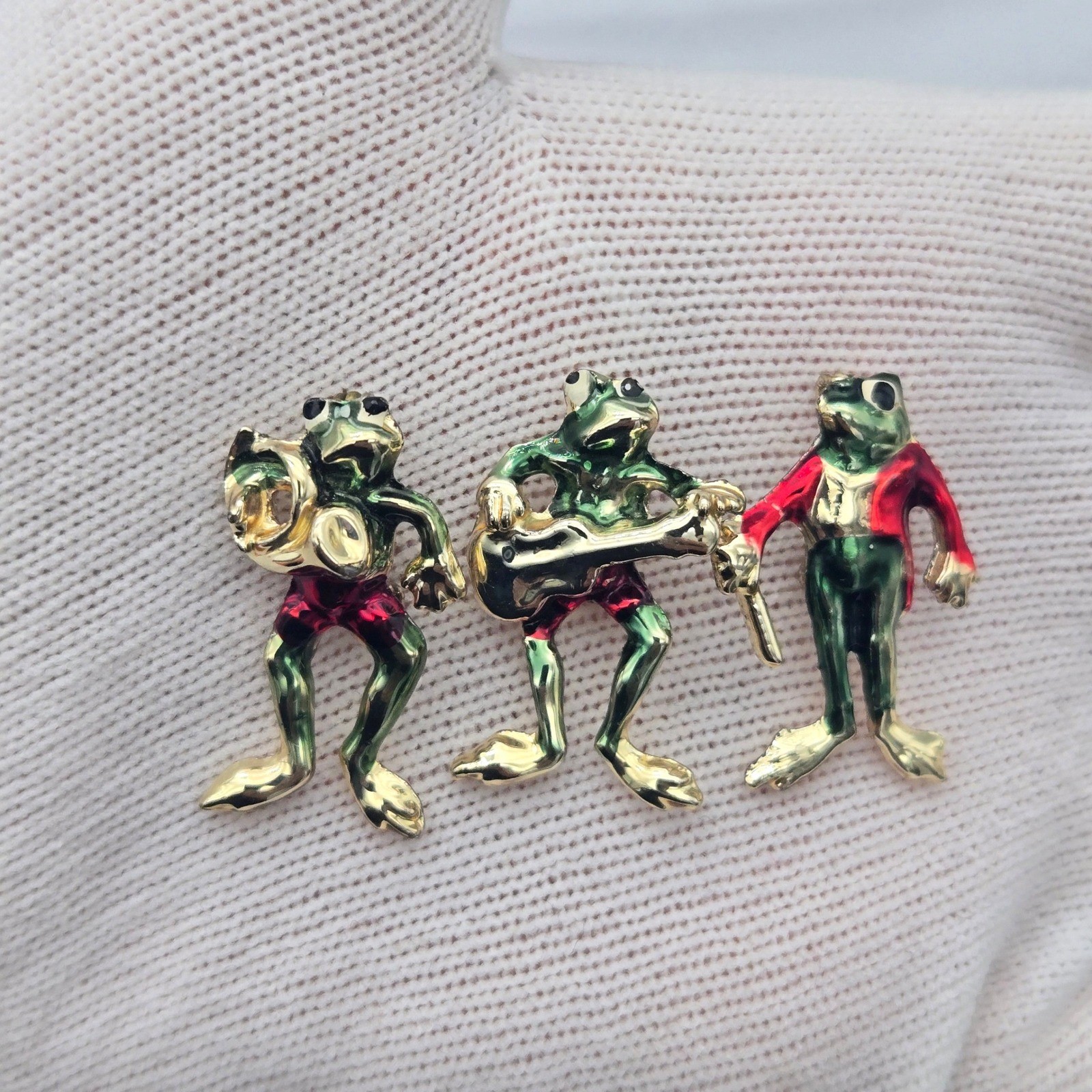Frog Music Band Enamel Brooch Set of 3 Green Red Gold Novelty Pins Quirky