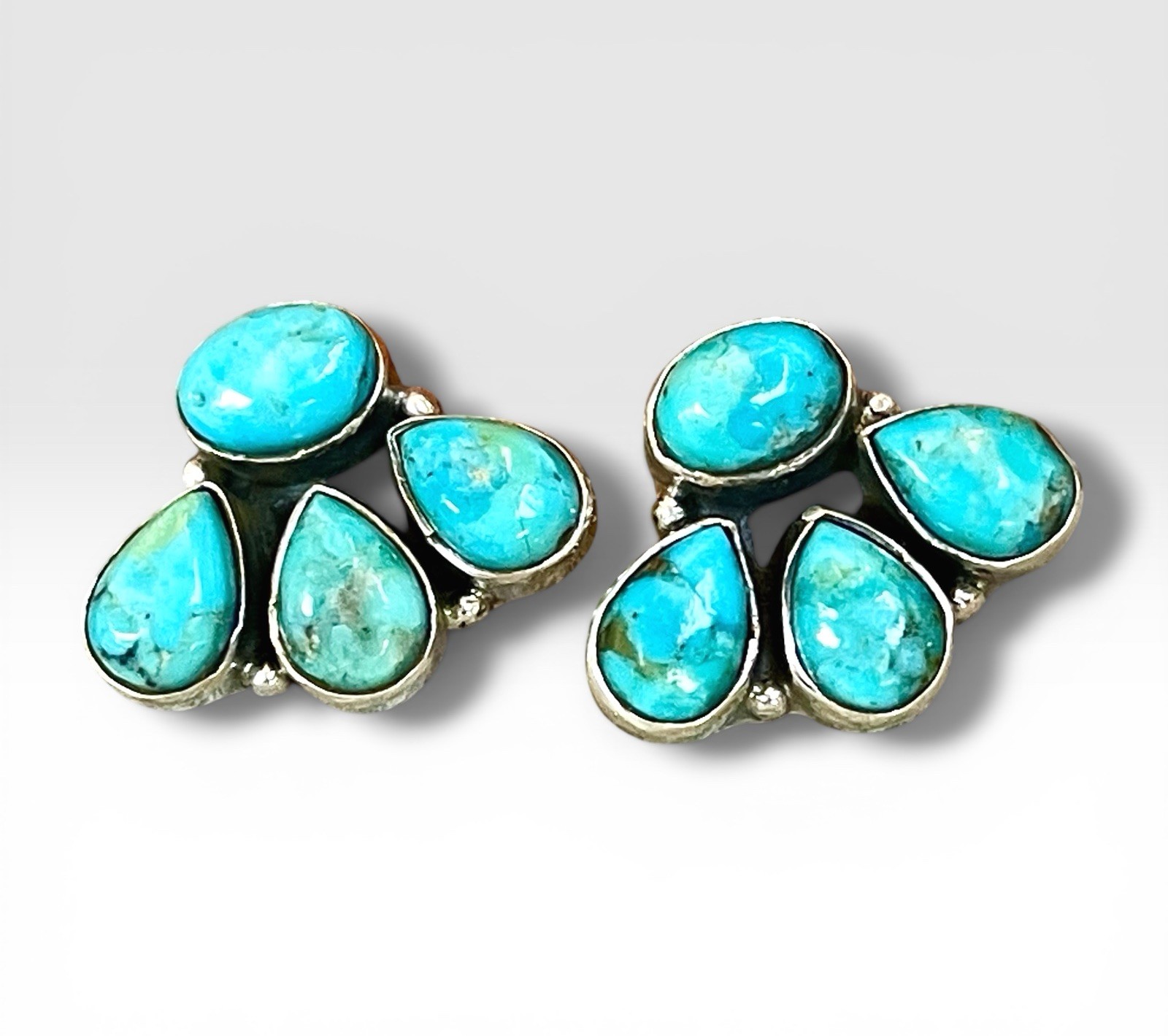 Native American Style Sterling Silver Turquoise Cluster Earrings Southwest Boho