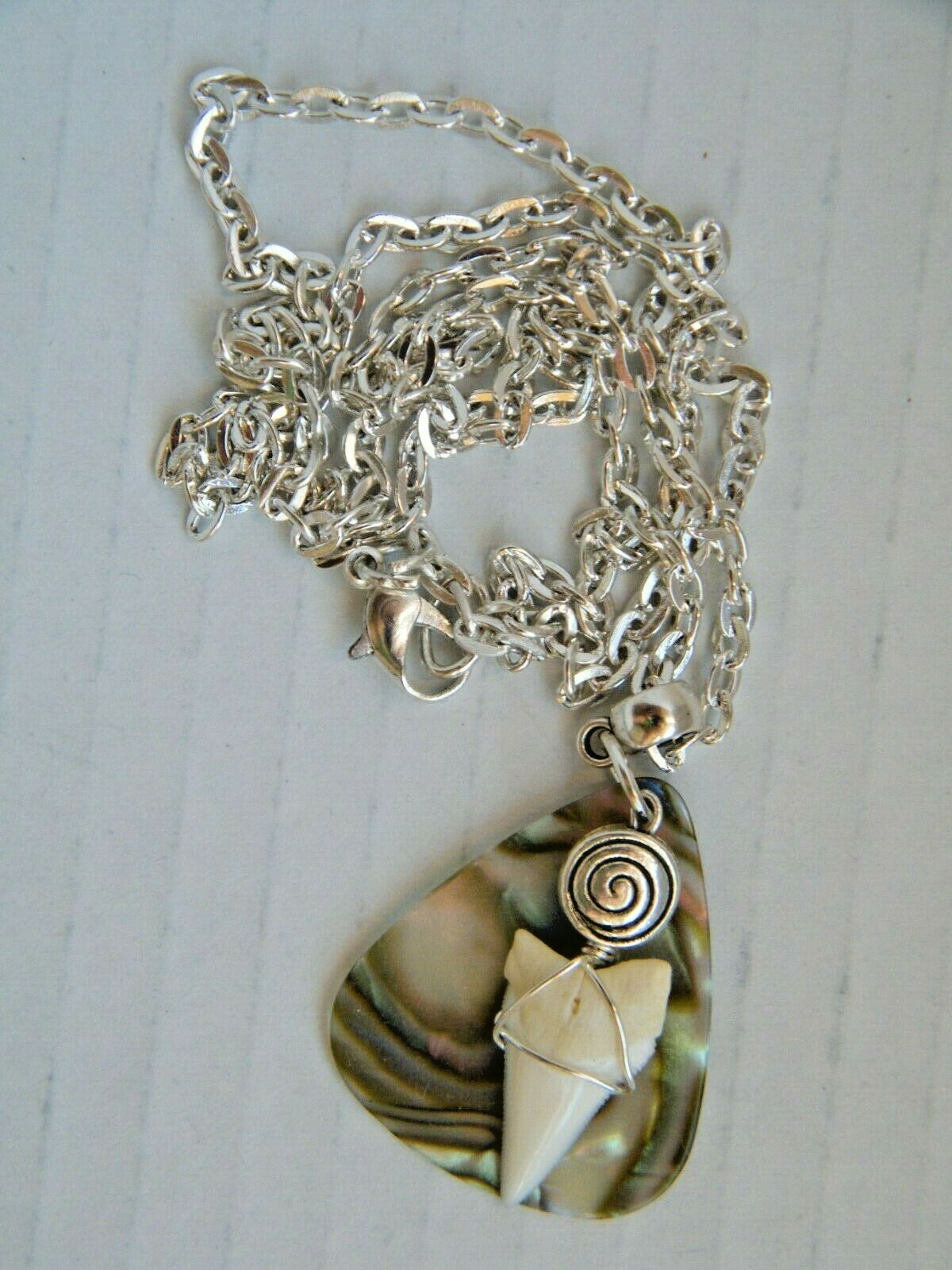 SHARK Fossil Tooth Necklace Real Teeth Faux Abalone Shell 23″ Silver Chain NEW!