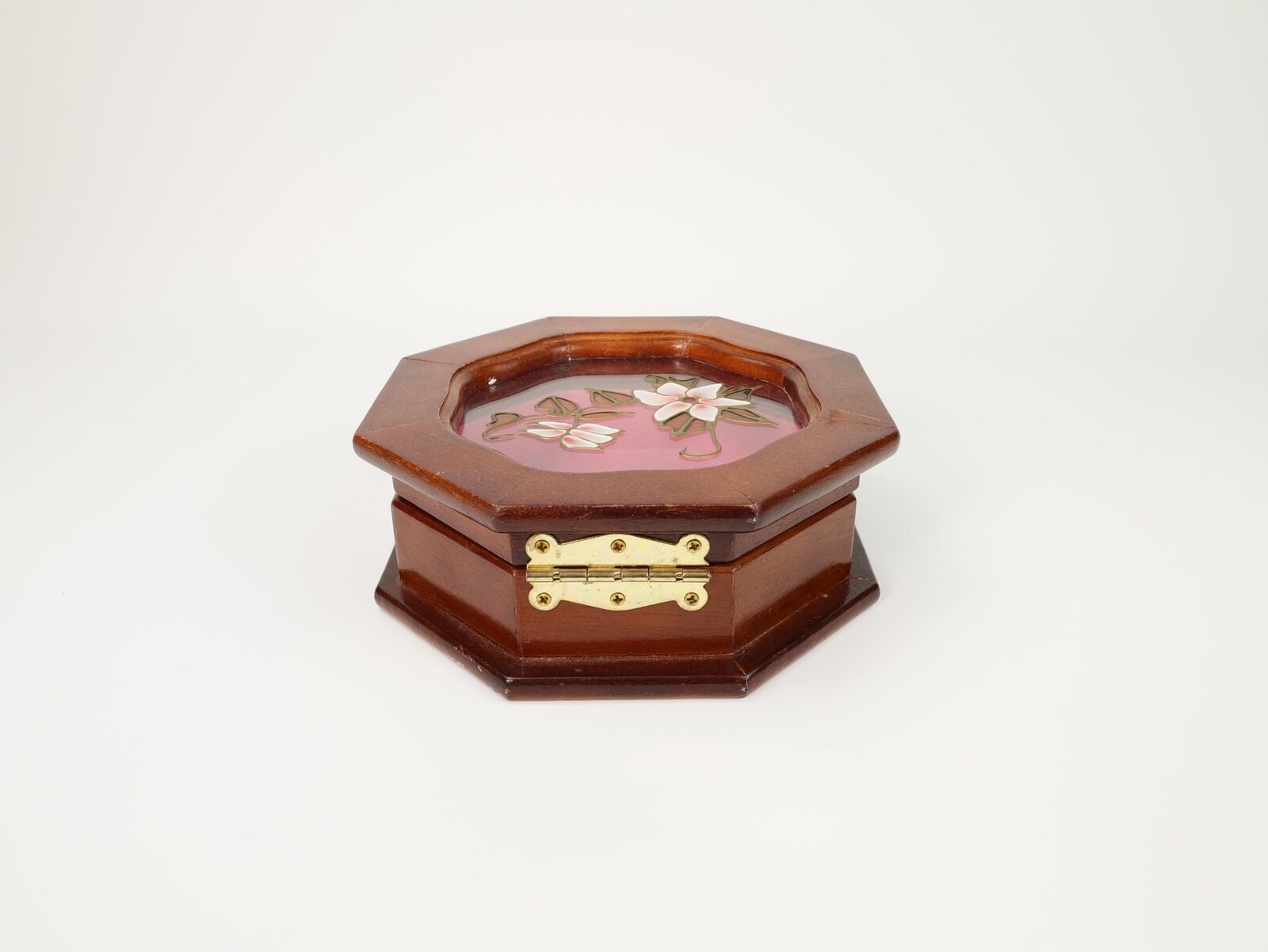 Vintage Octagonal Wood Jewelry Box with Floral Glass Top and Pink Velvet Lining