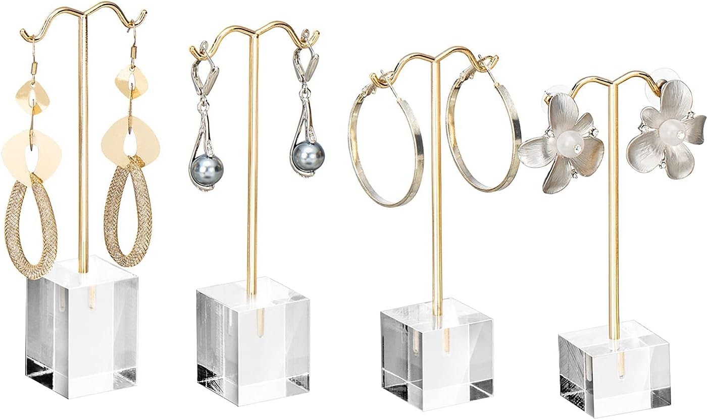 Stylish Jewelry Display: 4 Gold Acrylic Earring Stands for Countertops