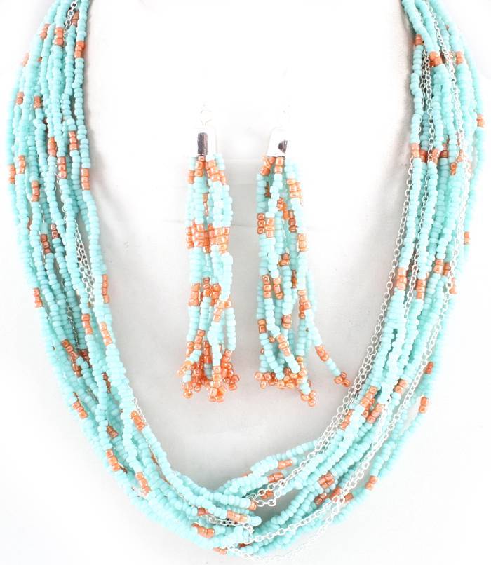 Multi Strand Light Blue And Peach Glass Seed Bead Necklace Earring