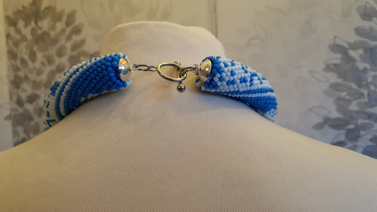 Blue & white crochet bead necklace 19.5in/50cm (hand made, TOHO glass beads)