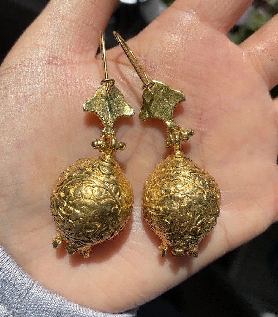 Gold Plated Copper Pomegranate Drop Earrings Red Seed Statement