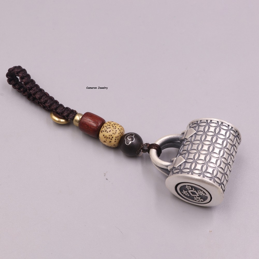 Solid S999 Fine Silver Embossed Coin Pattern Wealth Bag Charm Pendant 29-30g