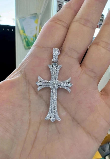 4Ct Round Cut Real Moissanite Mens Womens Cross Pendant in 14K White Gold Plated