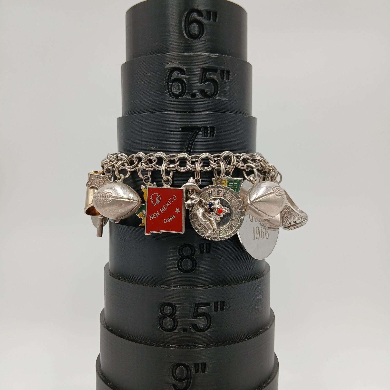 VTG 60s Charm Bracelet 8in Sterling Silver 70g JANE School Travel Faith South US
