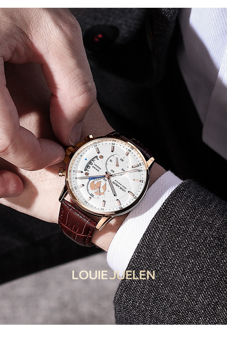 Men Genuine leather Watch Stainless Quartz Multi-functional Classic Wristwatch