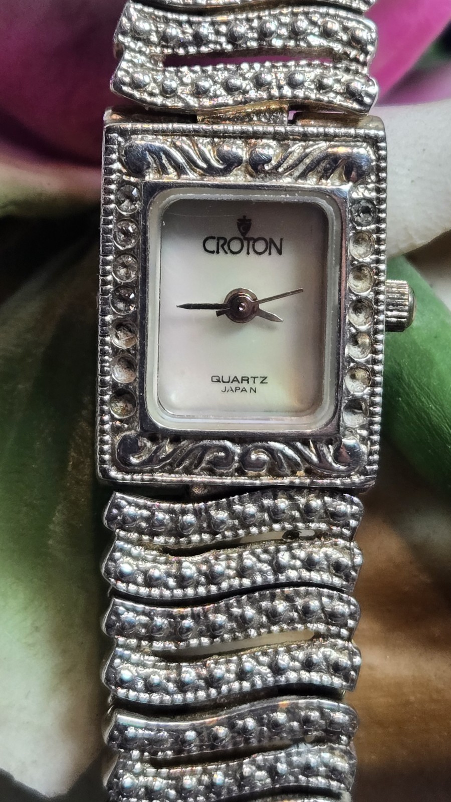 Vintage Croton Diamond Cut Solid Sterling Silver Mother Of Pearl Watch Small 6.7