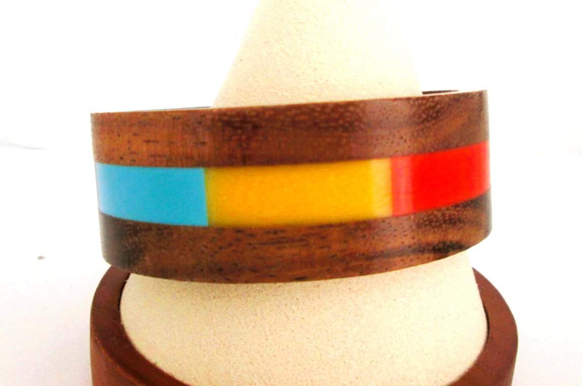 Vintage Teak Wood Bangle Bracelet Retro MCM Color Inserts 7.5″