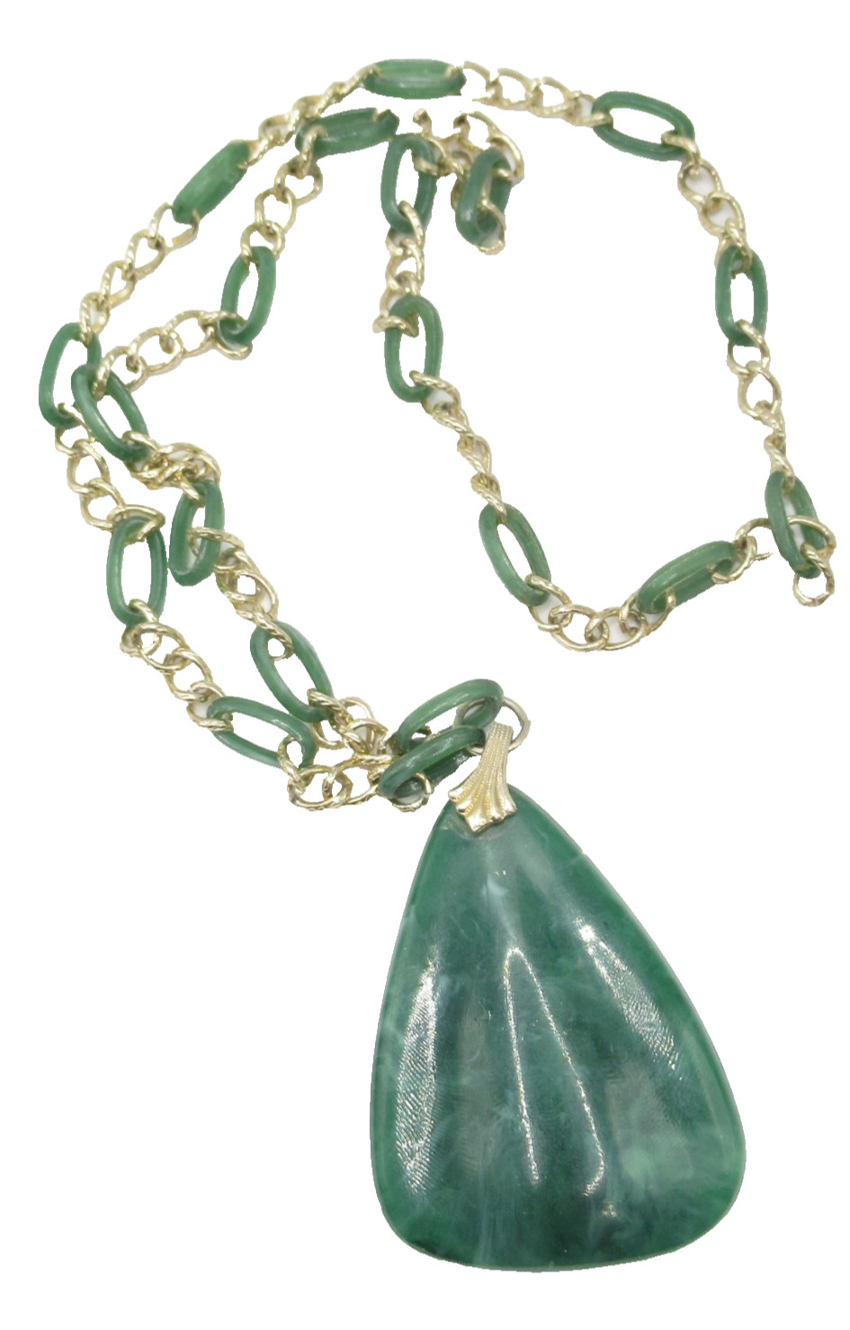 Faux Jade Pendant Necklace Vintage Retro MCM Loop Chain