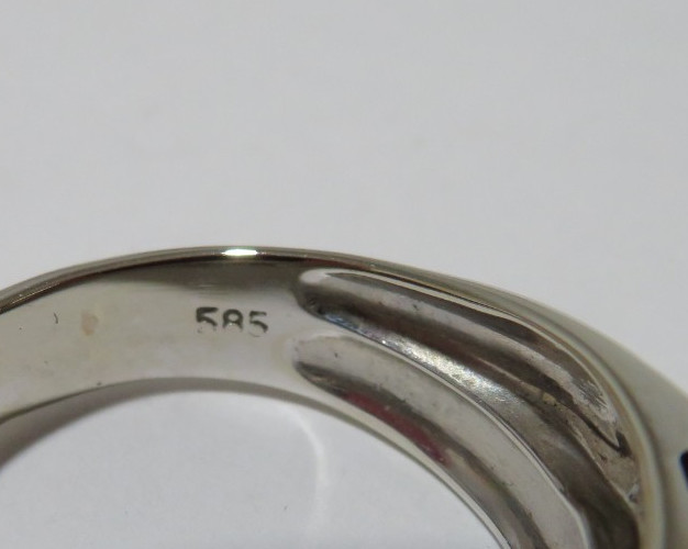 14K WG RUBY & WHIT STONE CLUSTER SWIRL BAND RING SZ 8.25 7.83 grams (A22045-1)