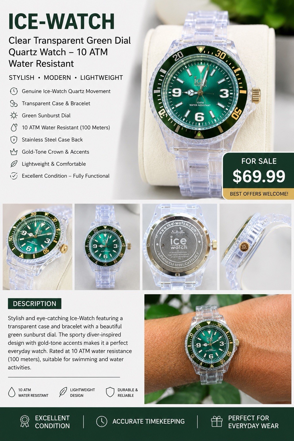 Ice-Watch Quartz 43mm Clear Plastic Bracelet Green Dial Rotating Bezel 100m