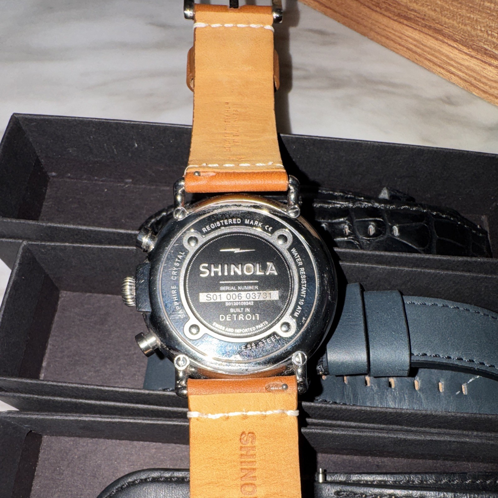 Shinola Runwell Chronograph 47mm Black Dial Quartz SS Watch w/Box Straps