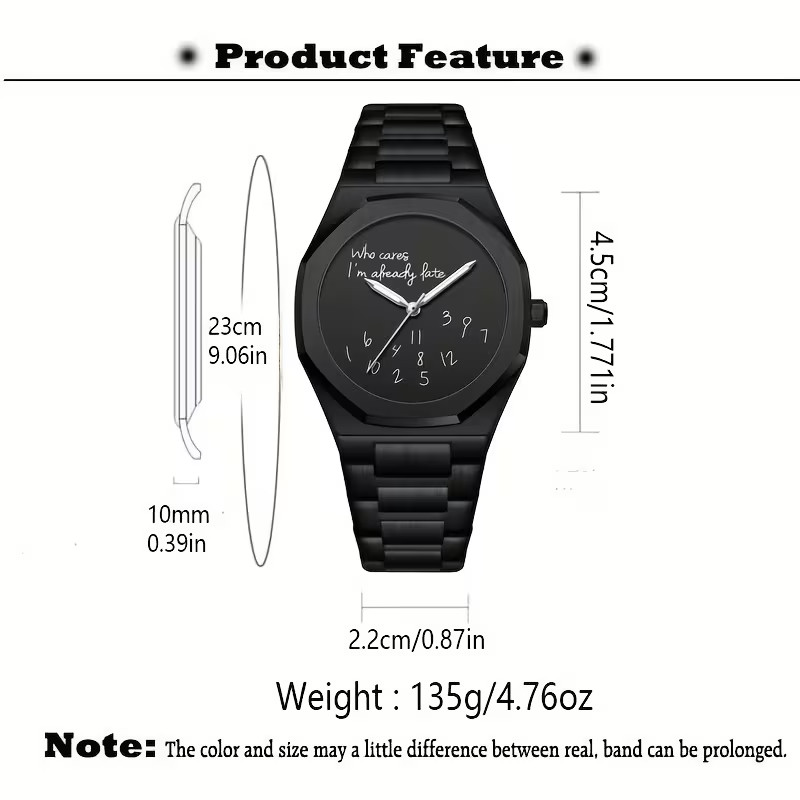 Men Slogan Watch Casual Business Quartz Watch Black “Who Cares I’m already late”