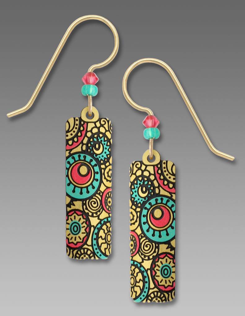 Adajio Earrings Tan Column with Circle Pattern in Turquoise & Salmon Handmade