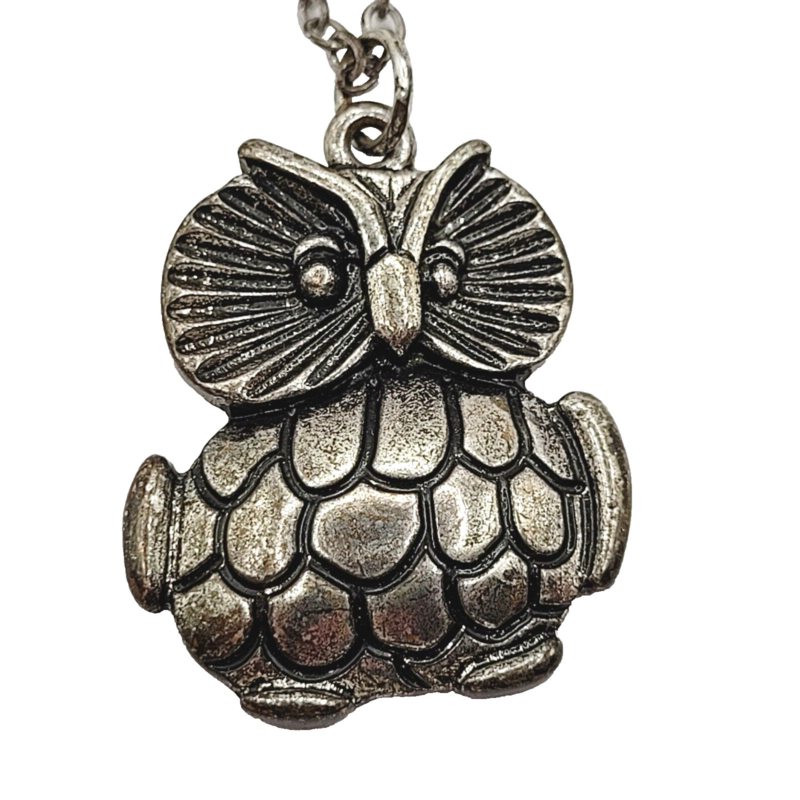Owl Wise Old Silver Tone Metal and Enamel Vintage Small Pendant Necklace 19 Inch