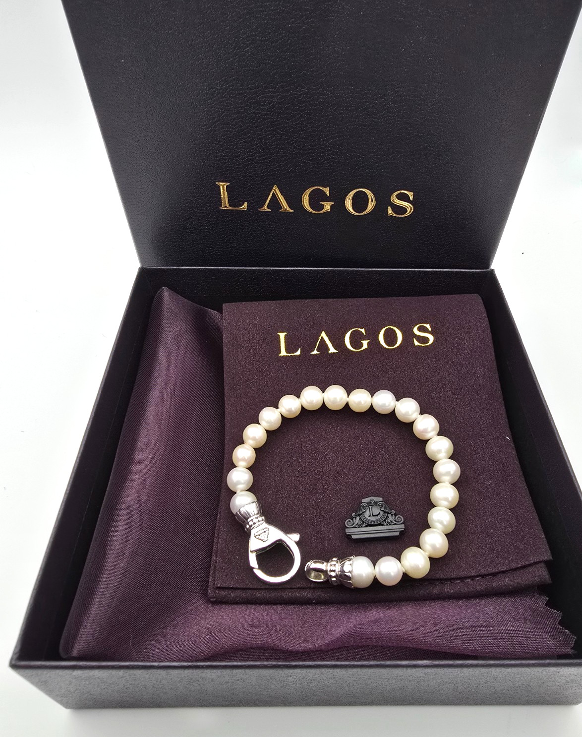 LAGOS Luna Pearl Strand Sterling Silver Bracelet w Box & Storage Pouch — 7.5″