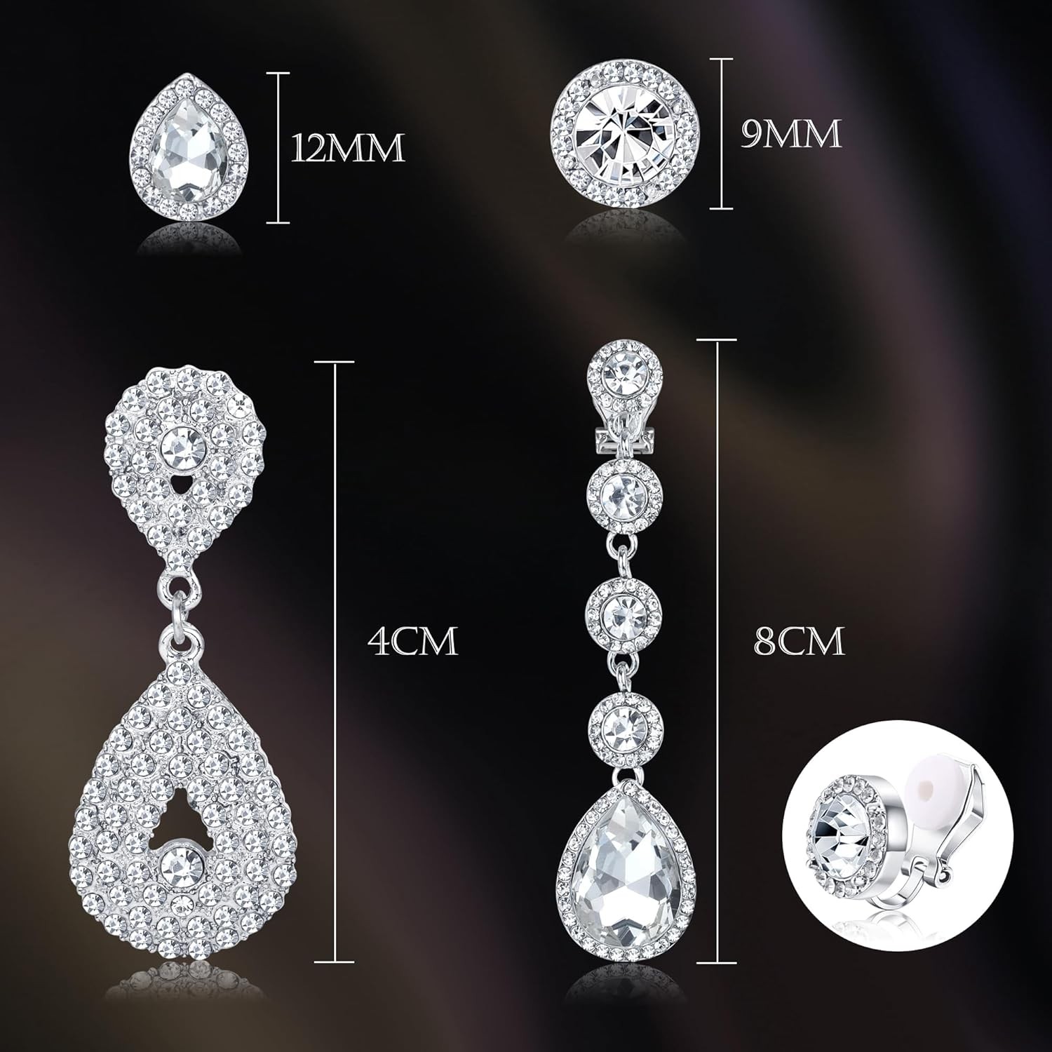 Elegant Silver Clip On Earring Set (4 Pairs) – Sparkling Rhinestone Dangle Drop