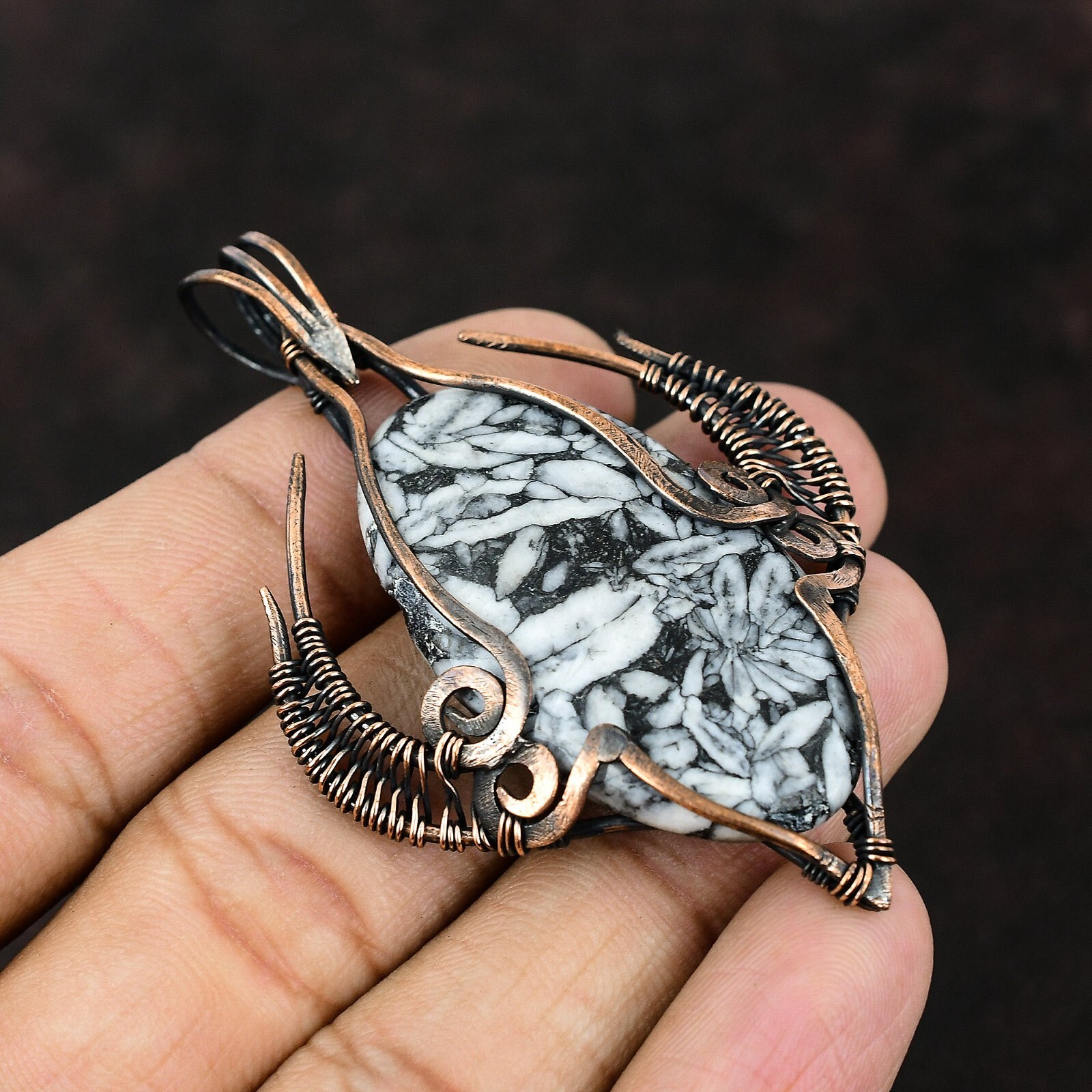 Pinolith Jasper Gemstone Jewelry Copper Bestie Gift Wire Wrapped Pendant 2.91″