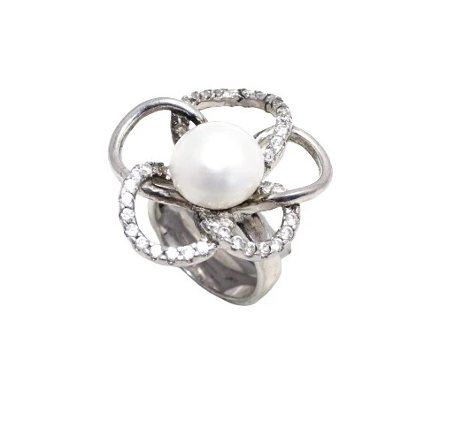 925 Sterling Silver Ring Women Zircon & Pearl Gem Stone Handmade Gift