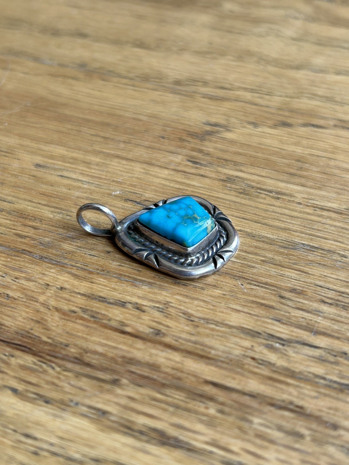 Vintage Sterling Silver Turquoise Petite Handmade Geometric Teardrop Pendant 4g