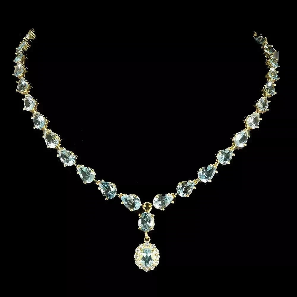 15Ct Oval Lab Created Aquamarine Women’s Tennis Necklace 14k Yellow Gold Finish