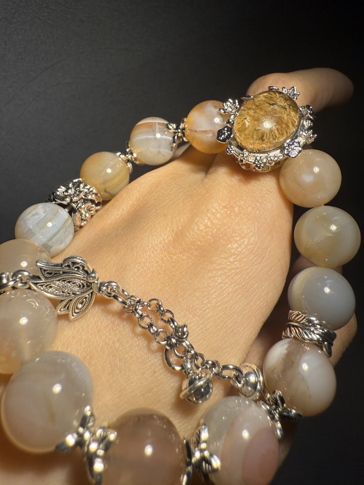 12.3mm 44g Natural Sugar Alashan Agate/Top grade Phantom Quartz Charm Bracelet