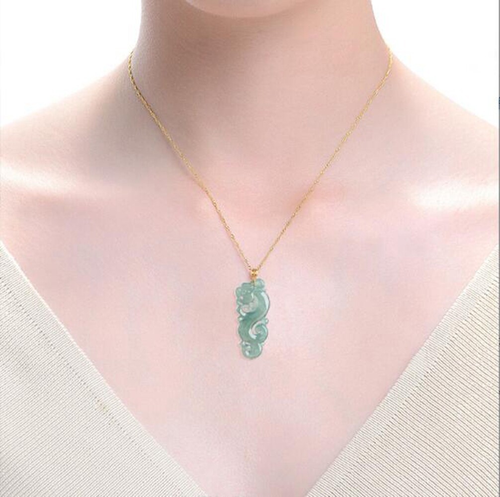 Certified Natural A Jade jadeite 18K Solid Gold Carving Dragon Pendant Necklace