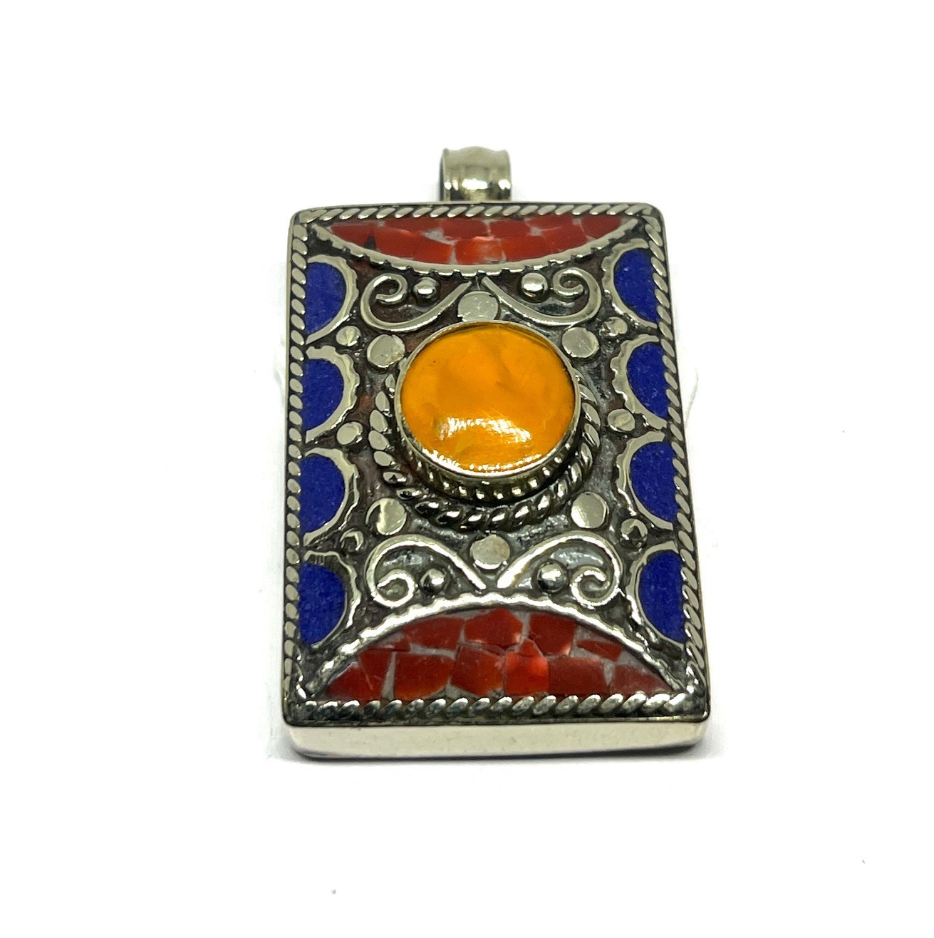 Ethnic Lapis Amber Gemstone Tibetan Traditional Pendant Jewelry, 2.0 inch
