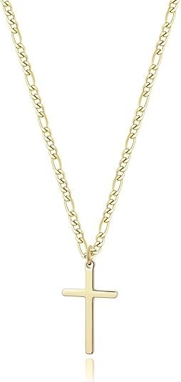 Collar de cruz chapado en oro de 14 quilates para hombre, cadena Figaro de acero